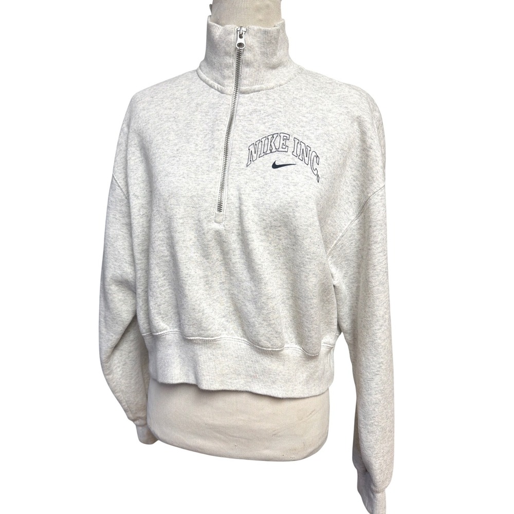 Nike Inc Athletics Club Grey Quarter Zip Cropped Sweatshirt Women Varsity Mock S